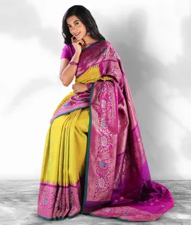 Manam Pure Gadwal Silk Saree - Yelloe Green Saree With Violet Border3