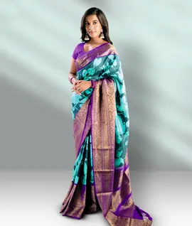 Manam Pure Kanjivaram Handloom Printed Silk Silk Saree - Turquoise Blue With Blue Border2