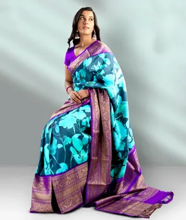 Manam Pure Kanjivaram Handloom Printed Silk Silk Saree - Turquoise Blue With Blue Border3