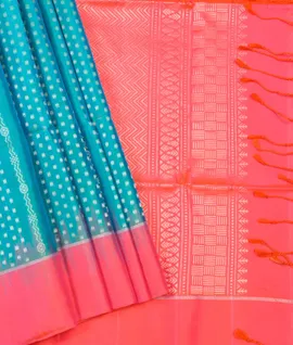 Manam Pure Silk Saree -  Turquoise Green With Coral Pink Border1