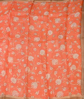Manam Pure Tusser Kota Silk Saree - Orange With Flower Prints2