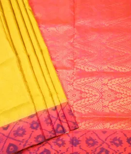 Manam Pure Silk Saree Ikkat Print Border-yellow With Coral Red1