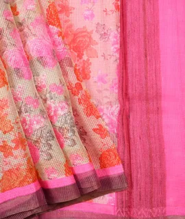 Manam Pure Tussar Kota Silk Saree Pink Flower Print1
