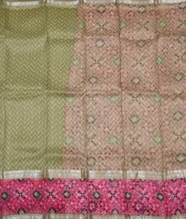 Manam Pure Organza Silk Handloom Saree - Green With Pink2