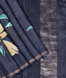 Handloom Tussar Noil  Saree With Floral Digital Prints Black1