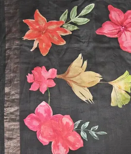 Handloom Tussar Noil  Saree With Floral Digital Prints Black2
