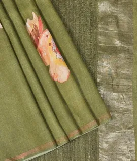 Handloom Tussar Noil  Saree With Floral Digital Prints Green1