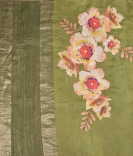 Handloom Tussar Noil  Saree With Floral Digital Prints Green2
