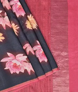 Handloom Tussar Noil  Saree With  Floral Digital Prints Black1