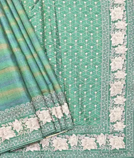 Manam Pure Embroidery Tussar Silk Saree Green1