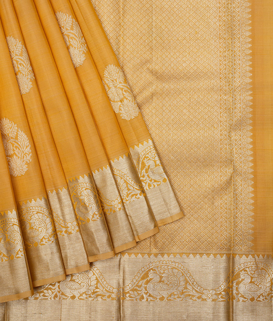 Sandal jacquard kancheepuram wedding silk saree, contrast floral vine zari  border & pallu of intricate designs