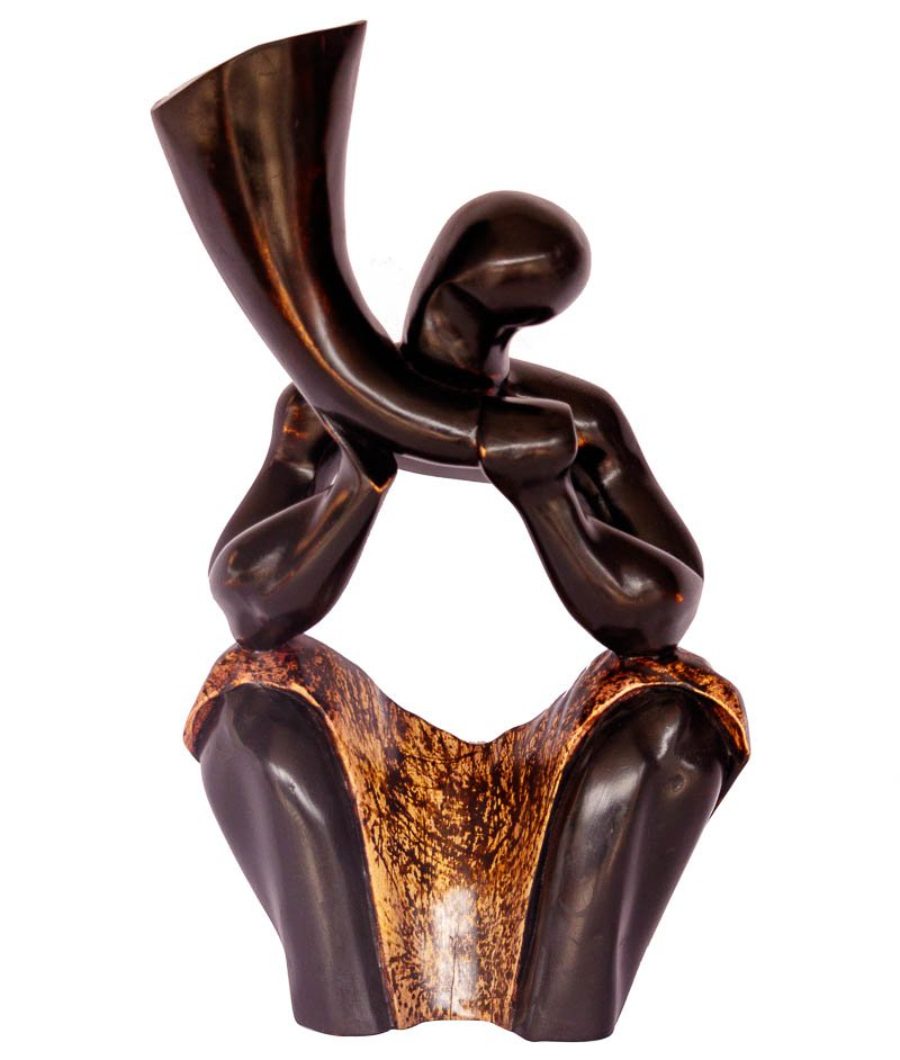 African Horn Blower Sculpture Hand Carved Wood Art1