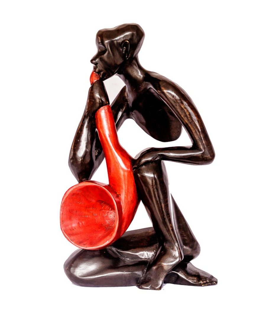 African Horn Blower Sculpture Hand Carved Wood Art1