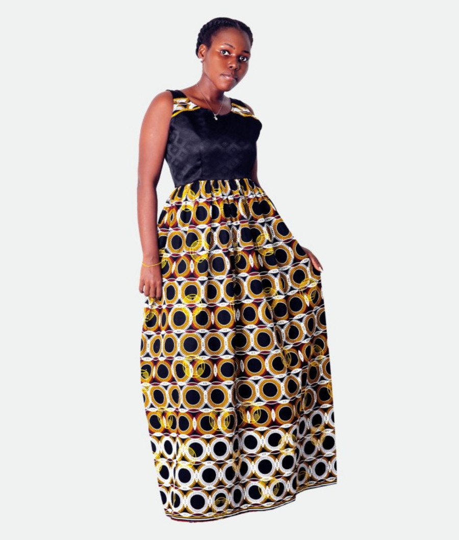 Sleeveless Wax Brocade Long Dress1