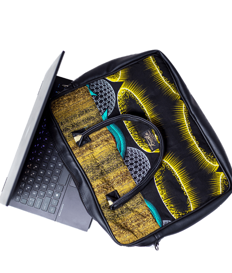 Trudie Arts Black Leather Handle with Africa Cotton Print Wax Multicolour 15″/17″ Laptop Bag1