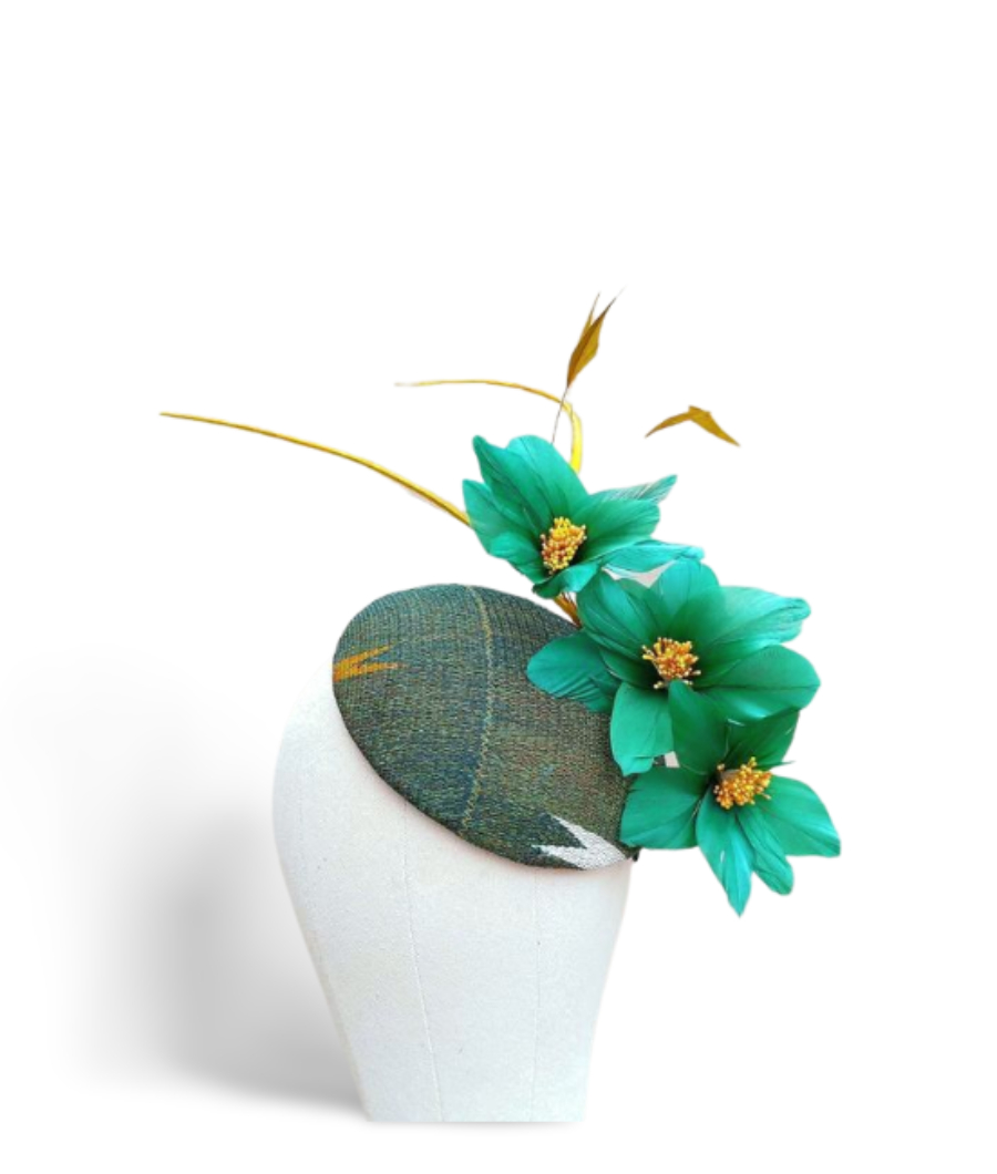 Kente pillbox fascinator with feather and quil embellishments1