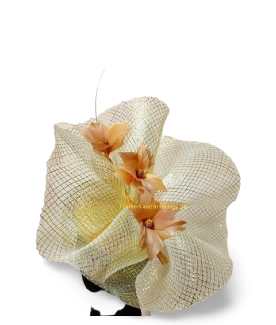 Hatinator with crinoline trim and feather flower1