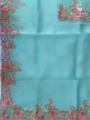 Sky Blue Organza Silk Saree elevated with Hand Embroidery3