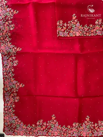 Red Organza Silk Saree elevated with Hand Embroidery3