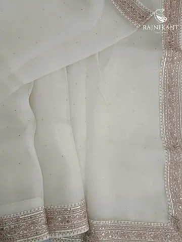 White Hued Organza Silk Saree With Mukaish Work And Velvet Blouse2