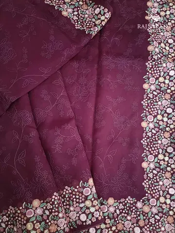 Wine hued florals embroidered all over on Organza Silk Saree2