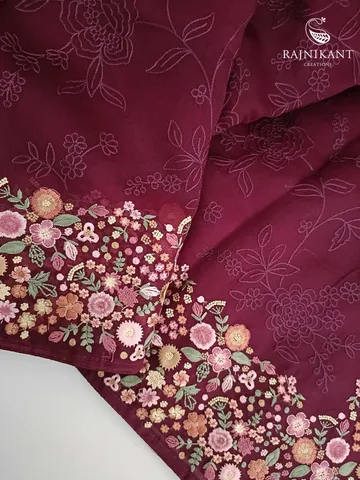 Wine hued florals embroidered all over on Organza Silk Saree1