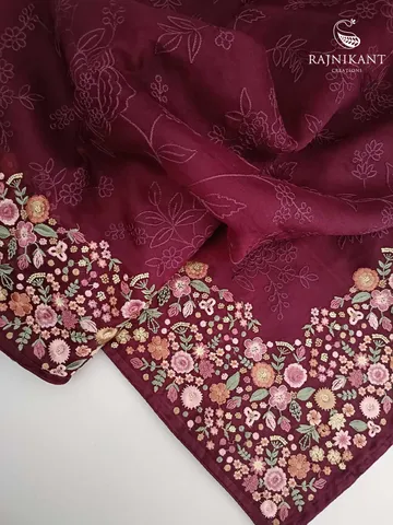 Wine hued florals embroidered all over on Organza Silk Saree4