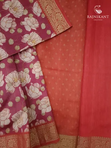 Plum hued Banarasi Floral Printed Tussar Silk Saree2