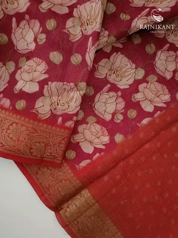Plum hued Banarasi Floral Printed Tussar Silk Saree1
