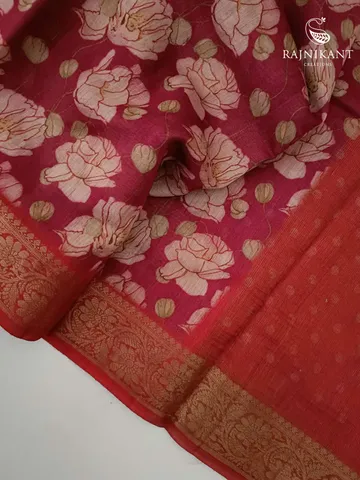 Plum hued Banarasi Floral Printed Tussar Silk Saree3
