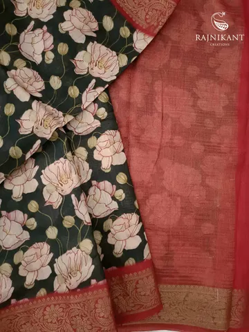 Black Banarasi Floral Printed Tussar Silk Saree2