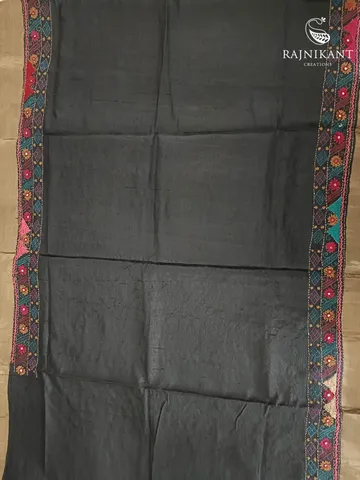 Black Kantha Hand Embroidery Tussar Silk Saree5