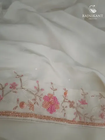 Ivory hued Hand Embroidered Organza Silk Saree5