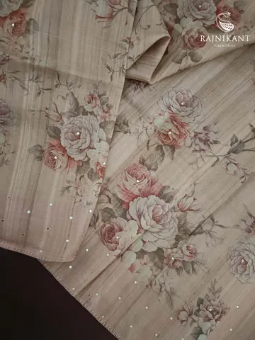 Vintage Florals Printed on Tussar Silk Saree with Mirror Work1