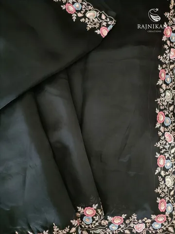 Hand Embroidered Black Organza Silk Saree2