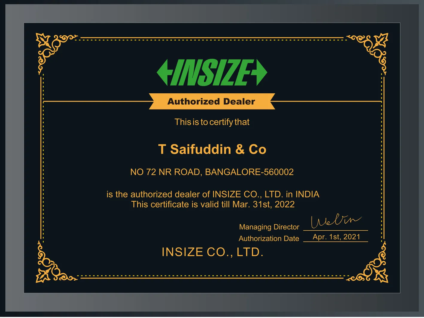 Insize Certificate