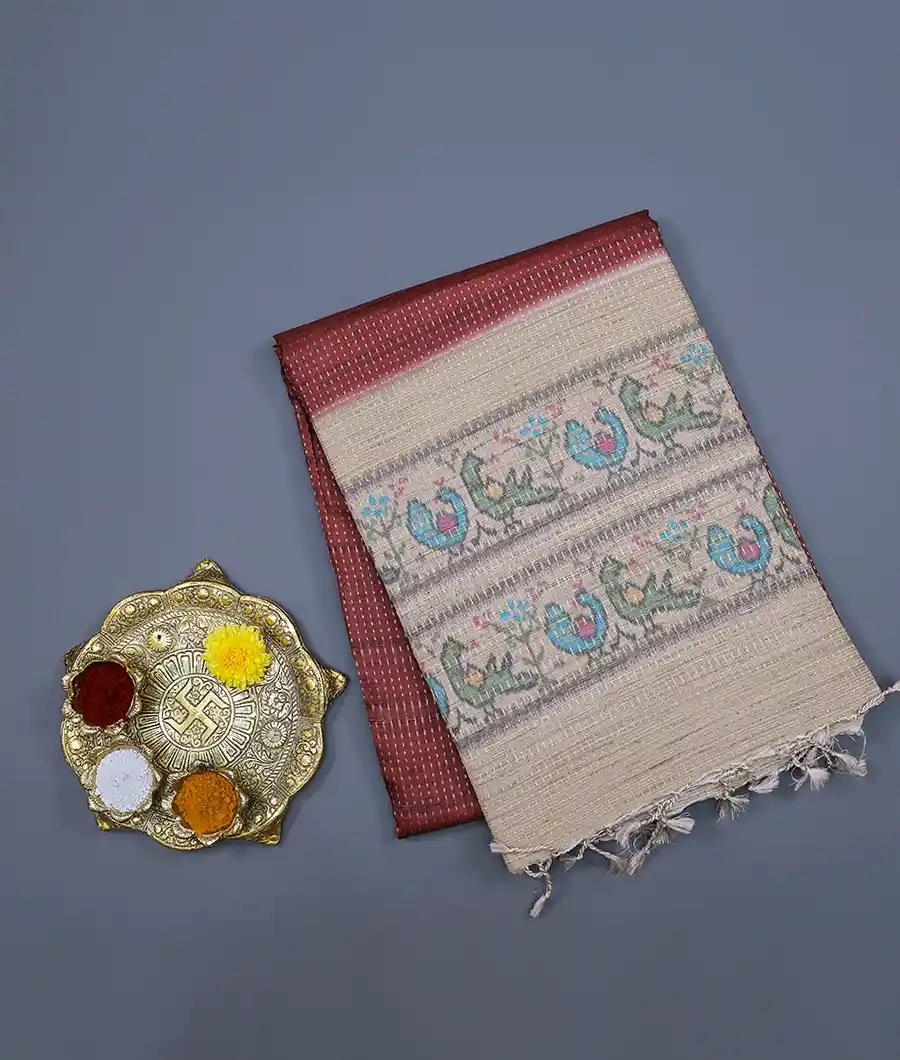 brown-vegan-tussar-silk-saree-with-zari-weave-ikat-print-pallu-hny00605-a