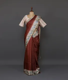 brown-vegan-tussar-silk-saree-with-zari-weave-ikat-print-pallu-hny00605-b