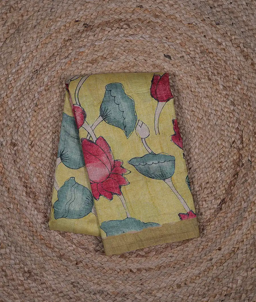 yellow-pen-kalamkari-vegan-tussar-silk-saree-hny00653-a