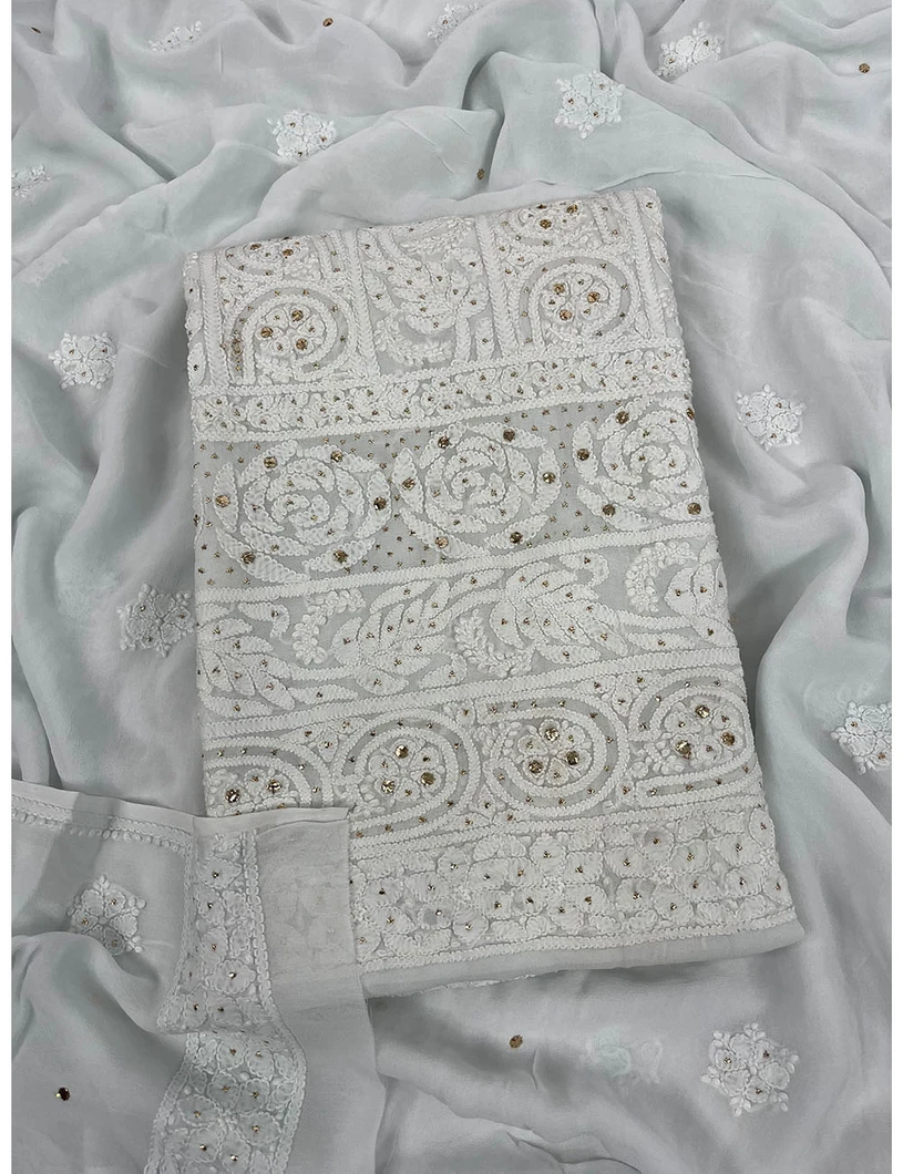 Light Blue Georgette Silk Chikankari Material1