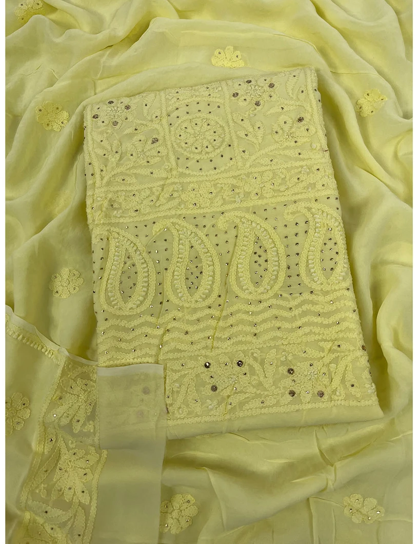 Yellow Georgette Silk Chikankari Material1