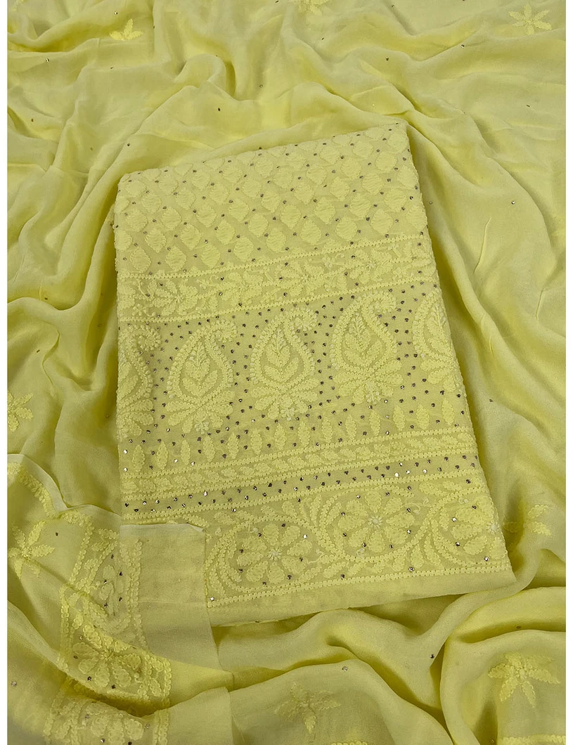 Lemon Yellow Georgette Silk Chikankari Material1
