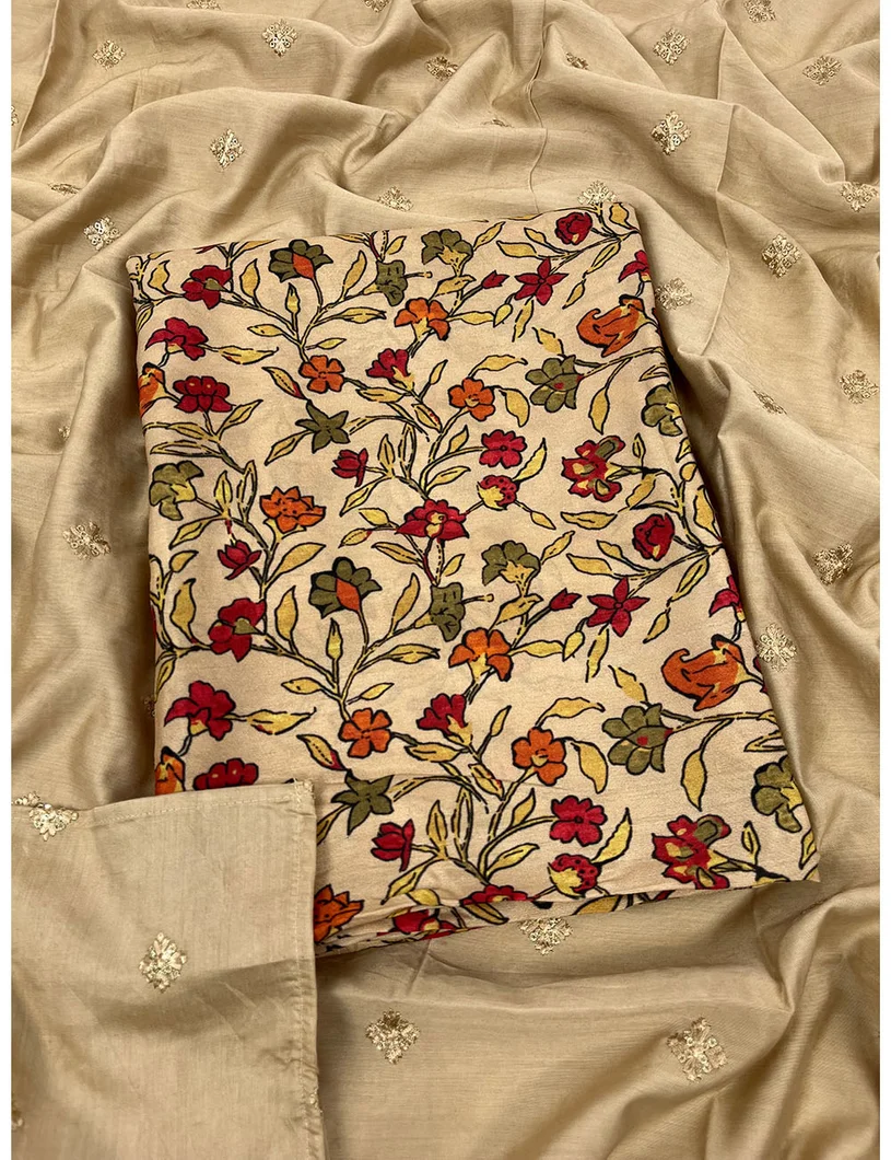 Beige Floral Printed Muslin Silk Material1