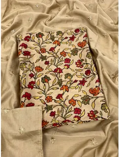 Beige Floral Printed Muslin Silk Material1