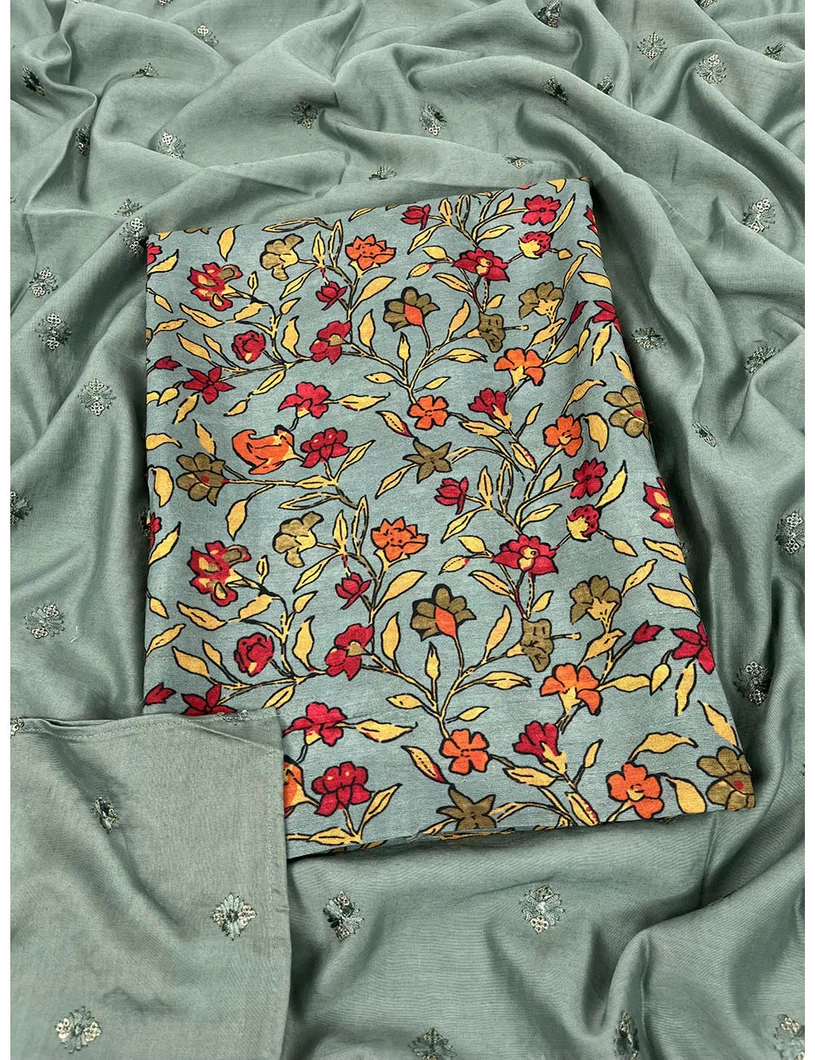 Teal Green Printed Muslin Silk Material1