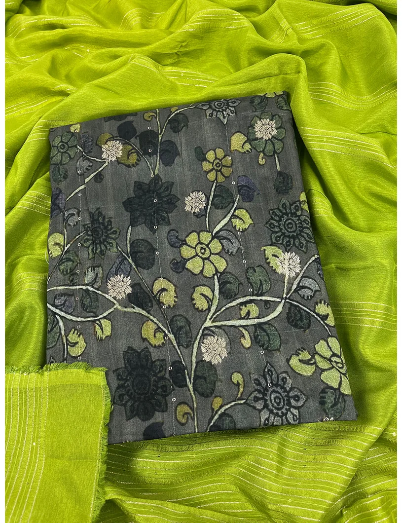 Grey Color Kalamkari Banarasi Silk Material1