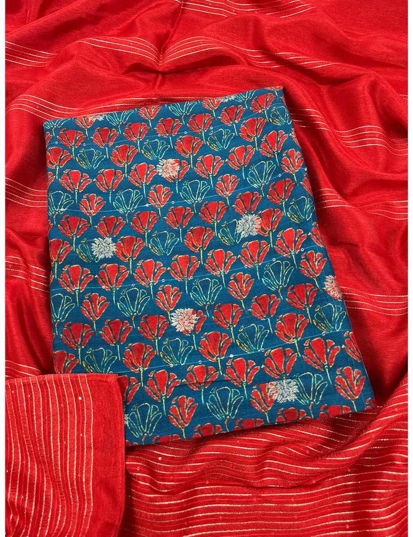 Blue Color Kalamkari Banarasi Silk Material1