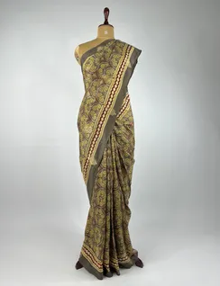 Dark Moss Ajrak Printed Vegan Silk Sari2