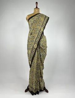 Dark Grey Ajrak Printed Vegan Silk Sari2