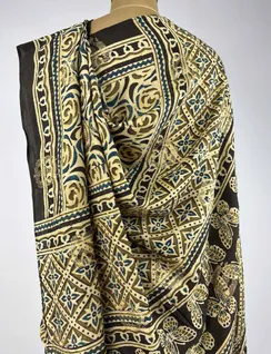 Dark Grey Ajrak Printed Vegan Silk Sari4